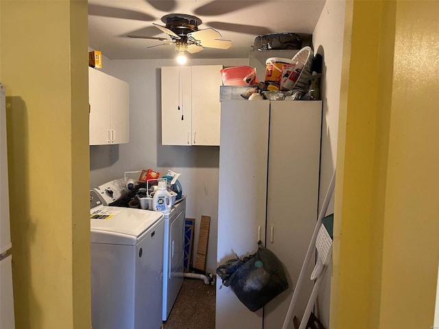 washroom featuring cabinets, ceiling fan, and independent washer and dryer