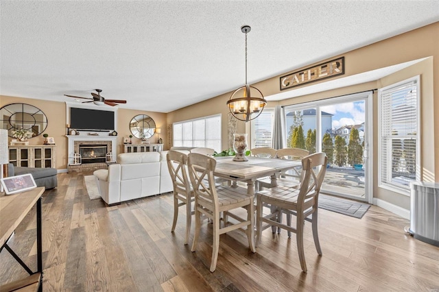 dining room with hardwood / wood-style flooring, a wealth of natural light, and a textured ceiling