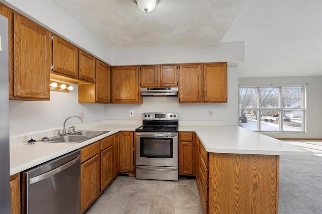 kitchen featuring stainless steel appliances, sink, and kitchen peninsula