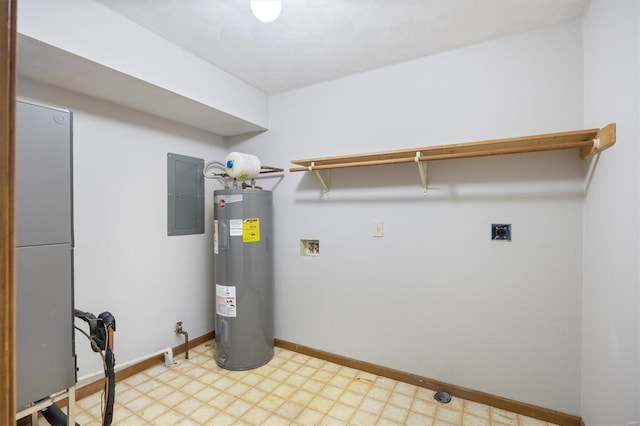 laundry area with electric dryer hookup, washer hookup, electric panel, and water heater