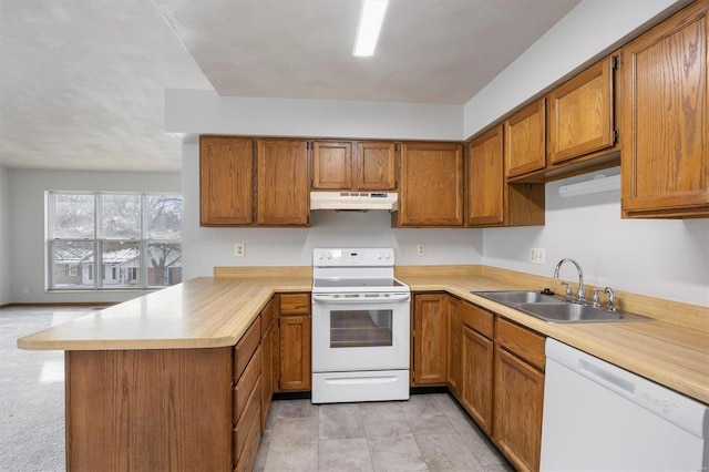 kitchen featuring white appliances, kitchen peninsula, and sink