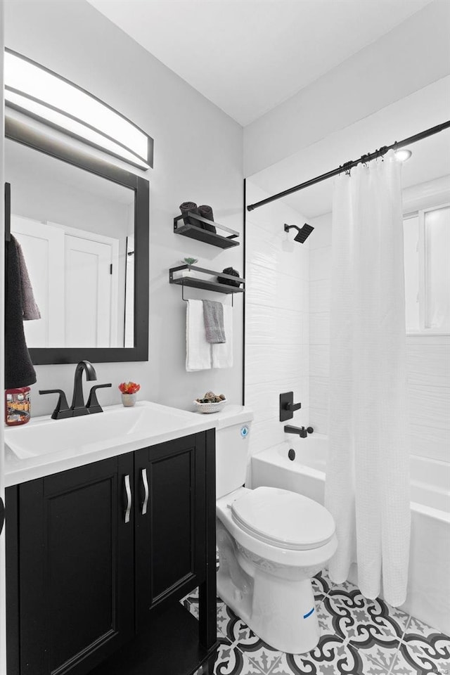 full bathroom with toilet, vanity, shower / bathtub combination with curtain, and tile patterned flooring