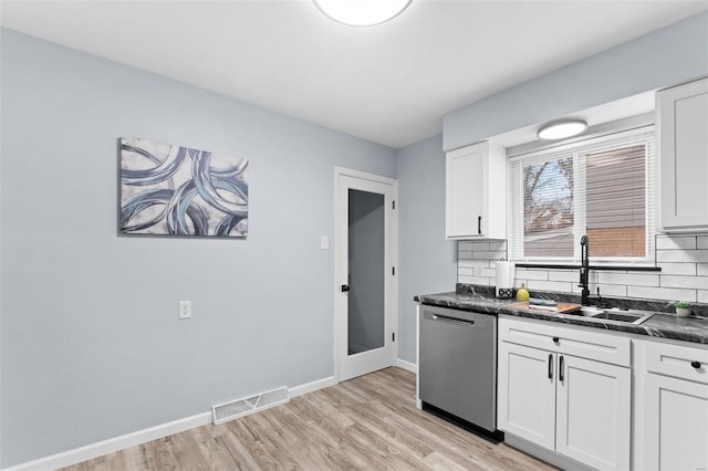 kitchen featuring sink, white cabinetry, light wood-type flooring, dishwasher, and decorative backsplash