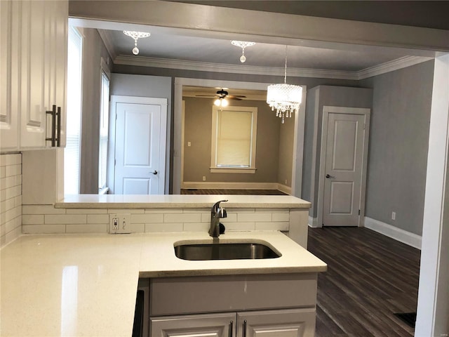 bathroom featuring sink, crown molding, ceiling fan, wood-type flooring, and decorative backsplash