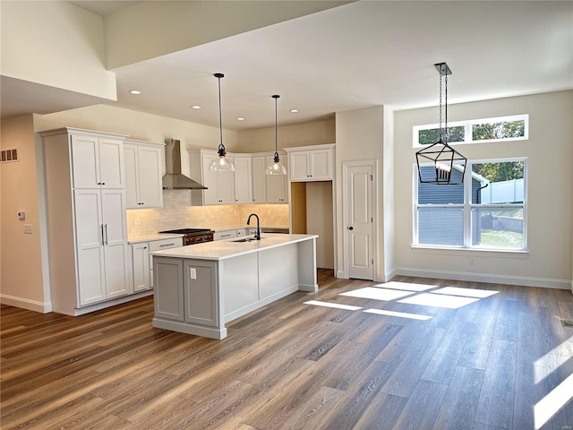 kitchen with white cabinetry, a kitchen island with sink, and wall chimney exhaust hood