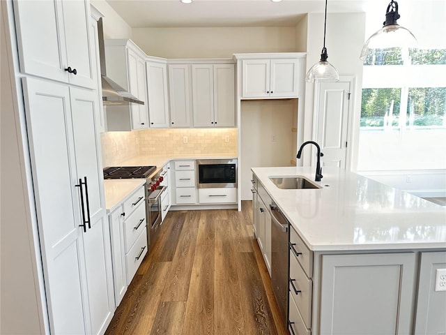 kitchen with appliances with stainless steel finishes, white cabinetry, an island with sink, sink, and wall chimney range hood