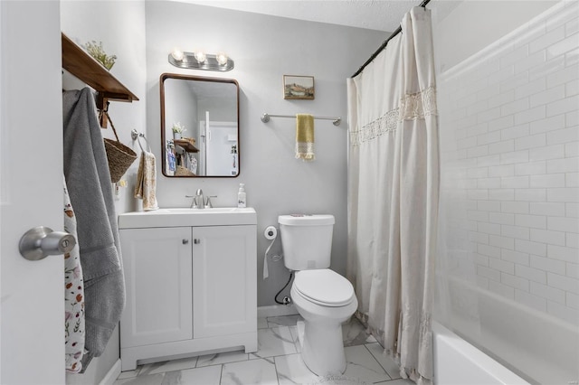 full bathroom featuring vanity, toilet, and shower / bathtub combination with curtain