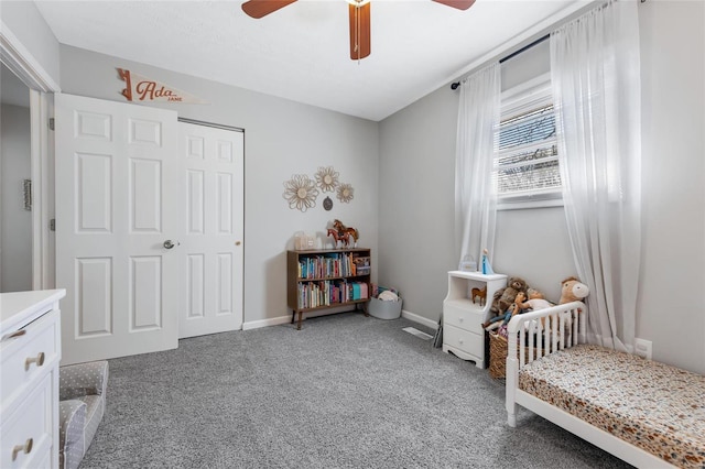 bedroom featuring carpet floors and ceiling fan