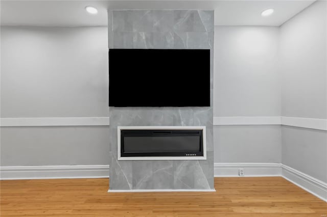 room details featuring a tile fireplace and wood-type flooring