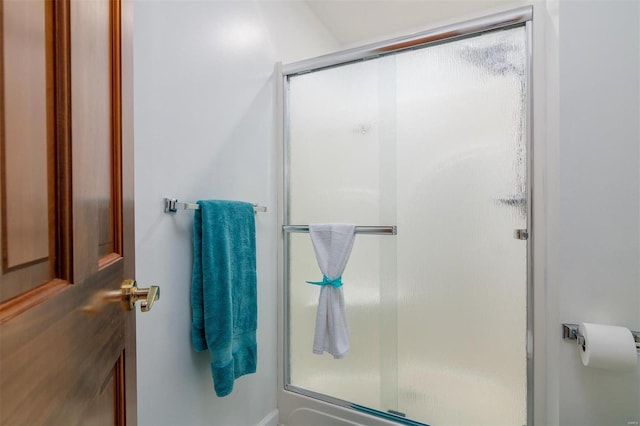 bathroom featuring a shower with door