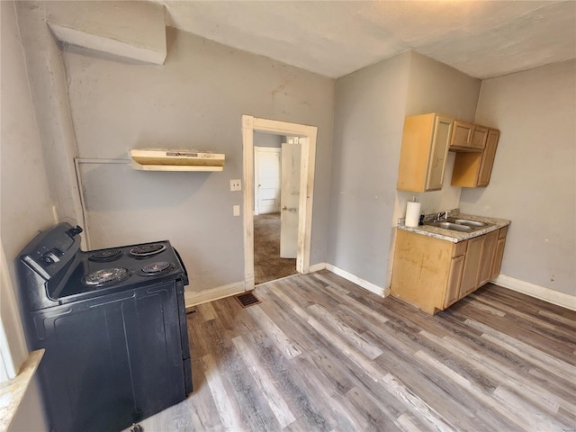 kitchen with wood-type flooring, sink, light brown cabinetry, and black / electric stove