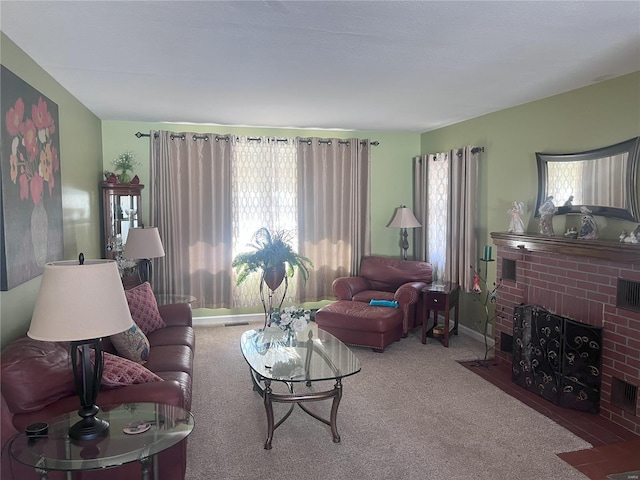 carpeted living room featuring a fireplace