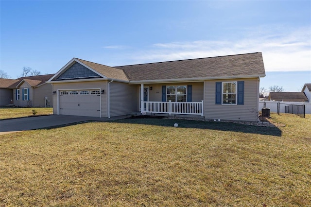 single story home with a garage, central AC, a front lawn, and a porch