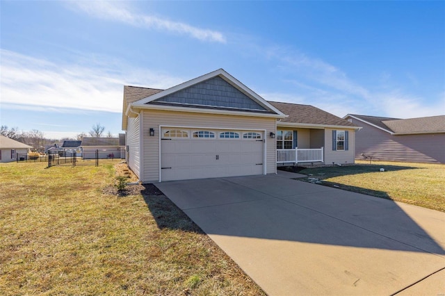 view of front of house featuring a porch, a garage, and a front lawn