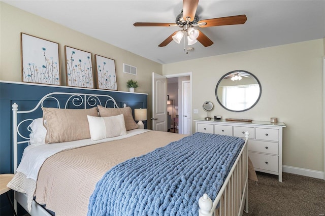 bedroom with ceiling fan and dark colored carpet