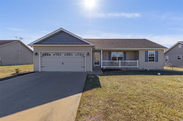 ranch-style home with a porch, a garage, and a front yard