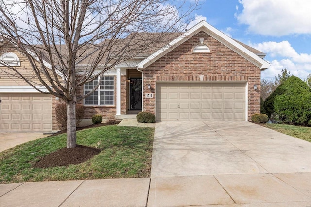 ranch-style house featuring driveway, an attached garage, a front lawn, and brick siding