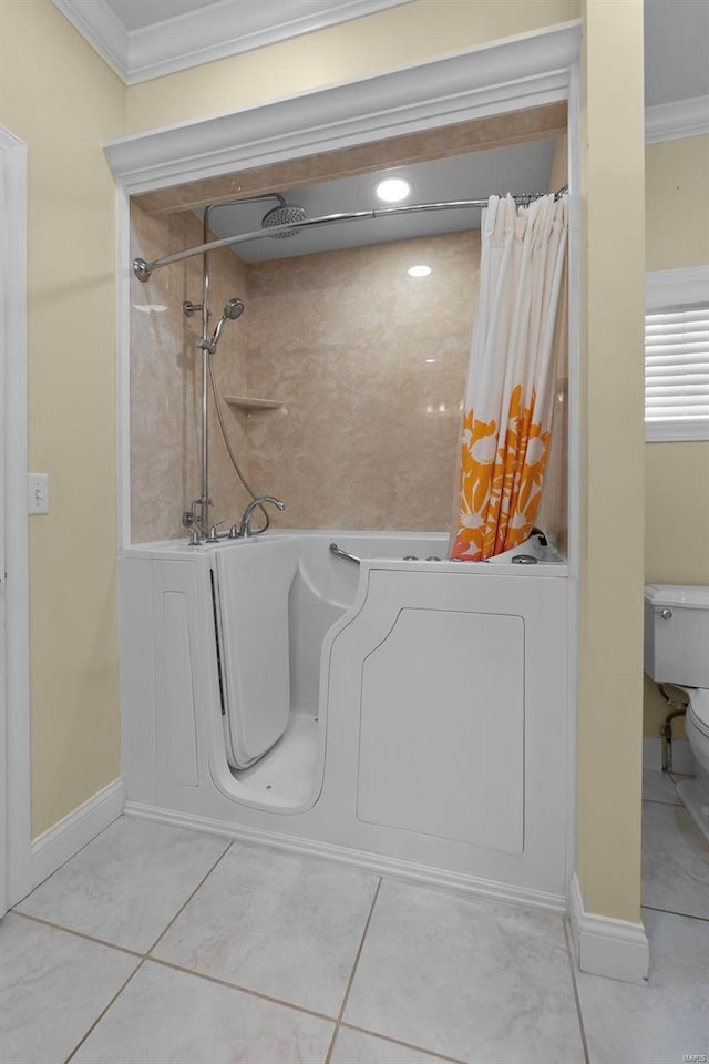 bathroom featuring tile patterned flooring, ornamental molding, separate shower and tub, and toilet