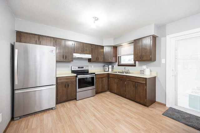 kitchen with sink, dark brown cabinets, light hardwood / wood-style flooring, and appliances with stainless steel finishes