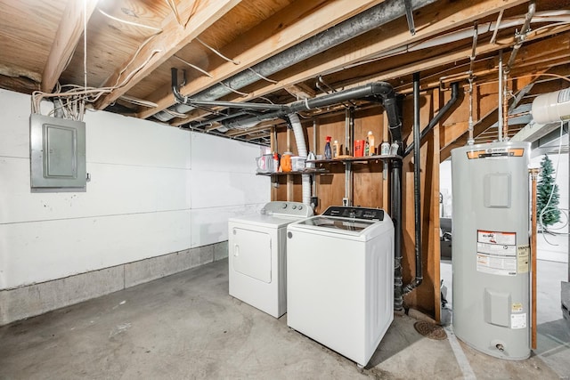 basement with washing machine and clothes dryer, electric panel, and water heater