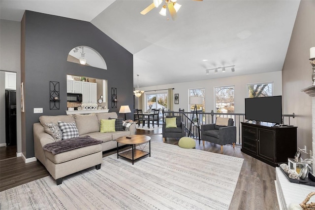 living room featuring lofted ceiling and wood-type flooring