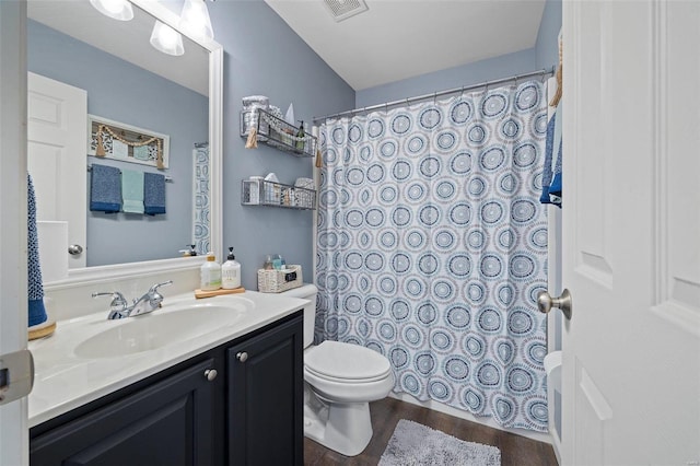 bathroom featuring vanity, hardwood / wood-style floors, and toilet