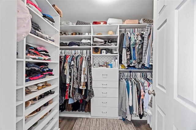 walk in closet with dark hardwood / wood-style floors