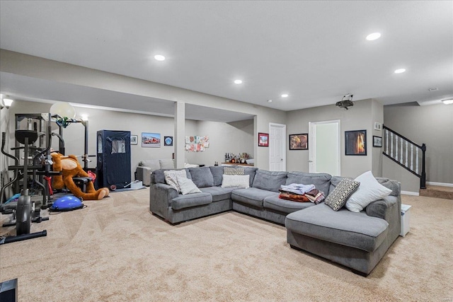 living room featuring light carpet