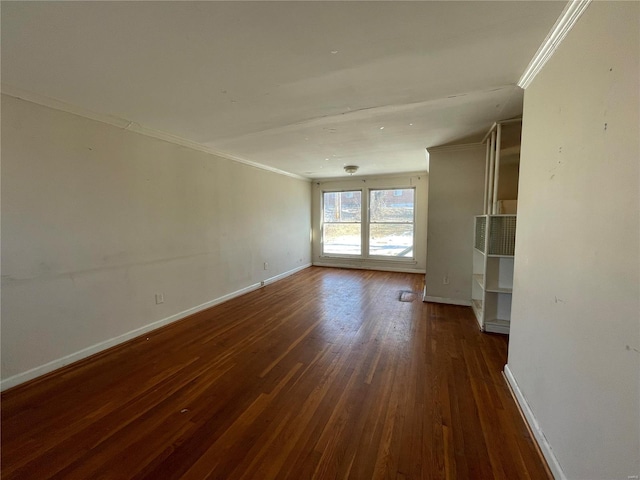 unfurnished living room with baseboards, ornamental molding, and dark wood-style flooring