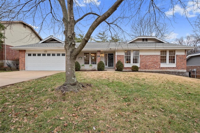 ranch-style house with a garage and a front lawn