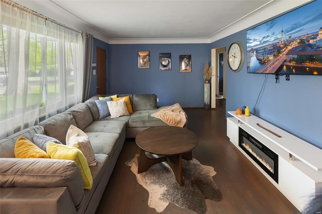 living room with a glass covered fireplace
