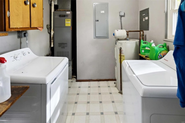 laundry room featuring light floors, electric panel, independent washer and dryer, and electric water heater