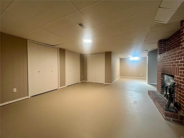 basement featuring a fireplace