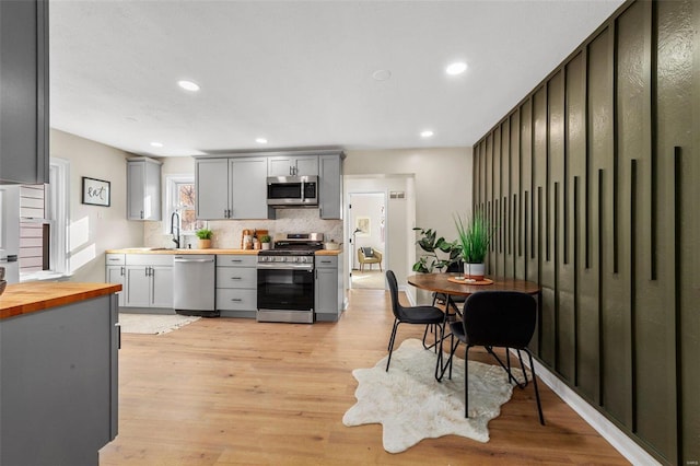 kitchen with gray cabinets, tasteful backsplash, wooden counters, stainless steel appliances, and light hardwood / wood-style flooring