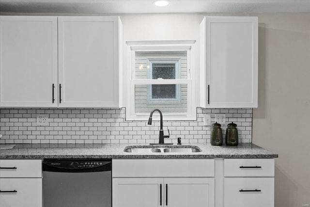 kitchen featuring tasteful backsplash, white cabinets, sink, and dishwasher