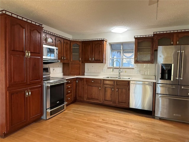 kitchen featuring appliances with stainless steel finishes, sink, backsplash, light hardwood / wood-style floors, and a textured ceiling