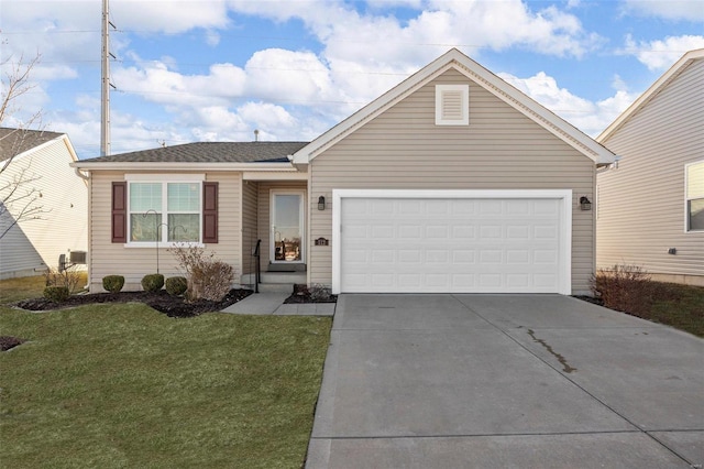 single story home with a front lawn, an attached garage, driveway, and a shingled roof