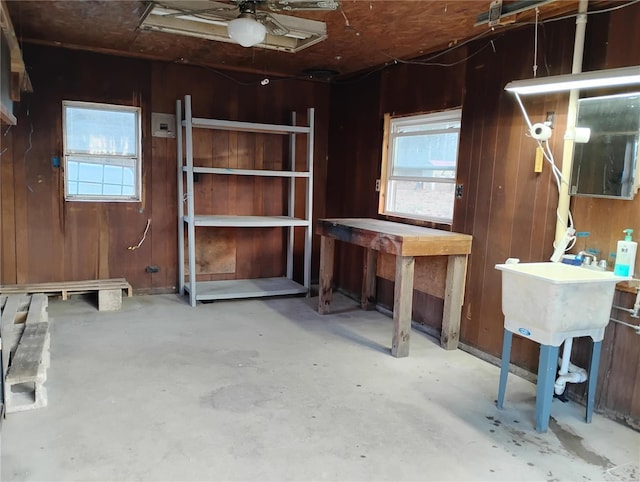 basement featuring a healthy amount of sunlight, wooden walls, and a workshop area