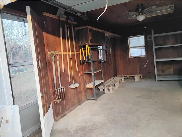 basement with wooden walls