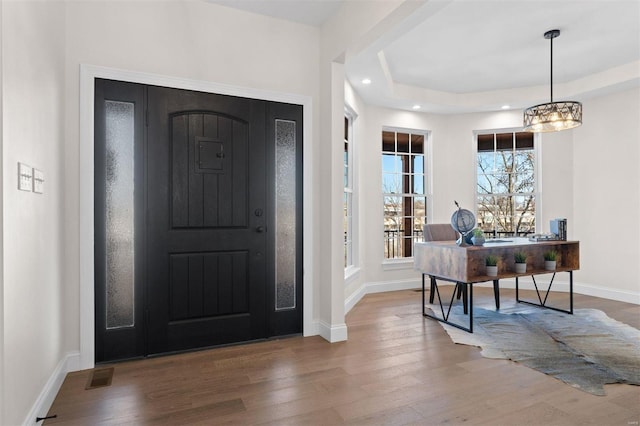 foyer featuring a tray ceiling and hardwood / wood-style floors