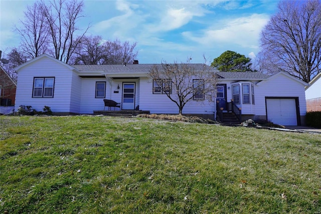 single story home featuring a front lawn, an attached garage, and a shingled roof