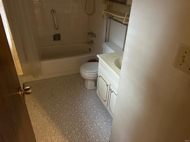 bathroom with toilet, tile patterned flooring, shower / bathtub combination with curtain, and vanity