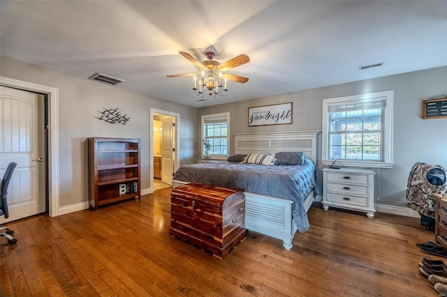 bedroom with hardwood / wood-style flooring and ceiling fan