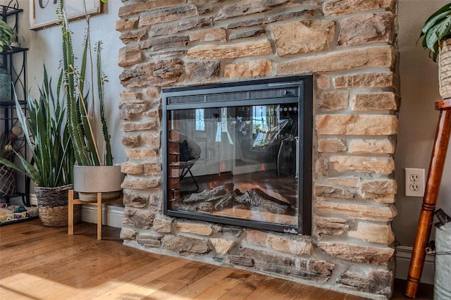 details featuring wood-type flooring and a stone fireplace