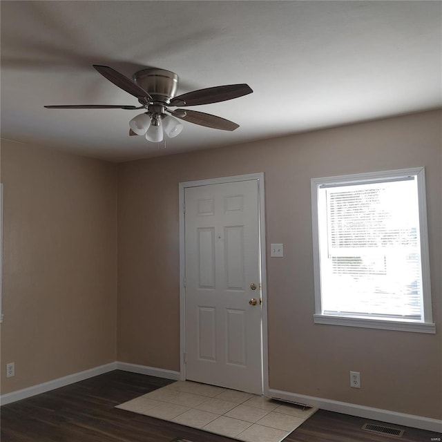 entrance foyer featuring ceiling fan and light hardwood / wood-style flooring