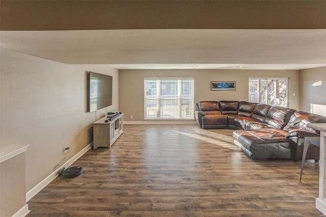 living room featuring plenty of natural light and dark hardwood / wood-style floors