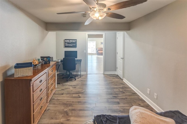 office with dark wood-type flooring and ceiling fan