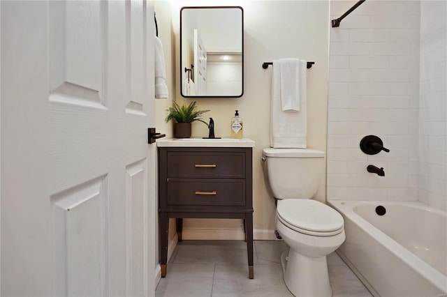 full bathroom with tile patterned flooring, vanity, tiled shower / bath combo, and toilet