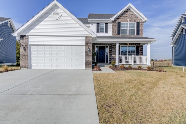 front facade with a garage, a front lawn, and a porch