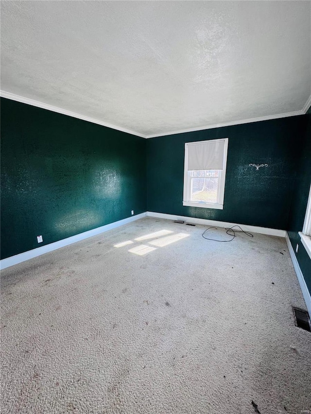 empty room featuring ornamental molding, a textured ceiling, and carpet flooring